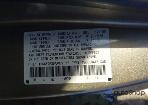 2010 Honda Accord 2.4 Lx из США, поврежденный, VIN 1HGCP2F30AA072027